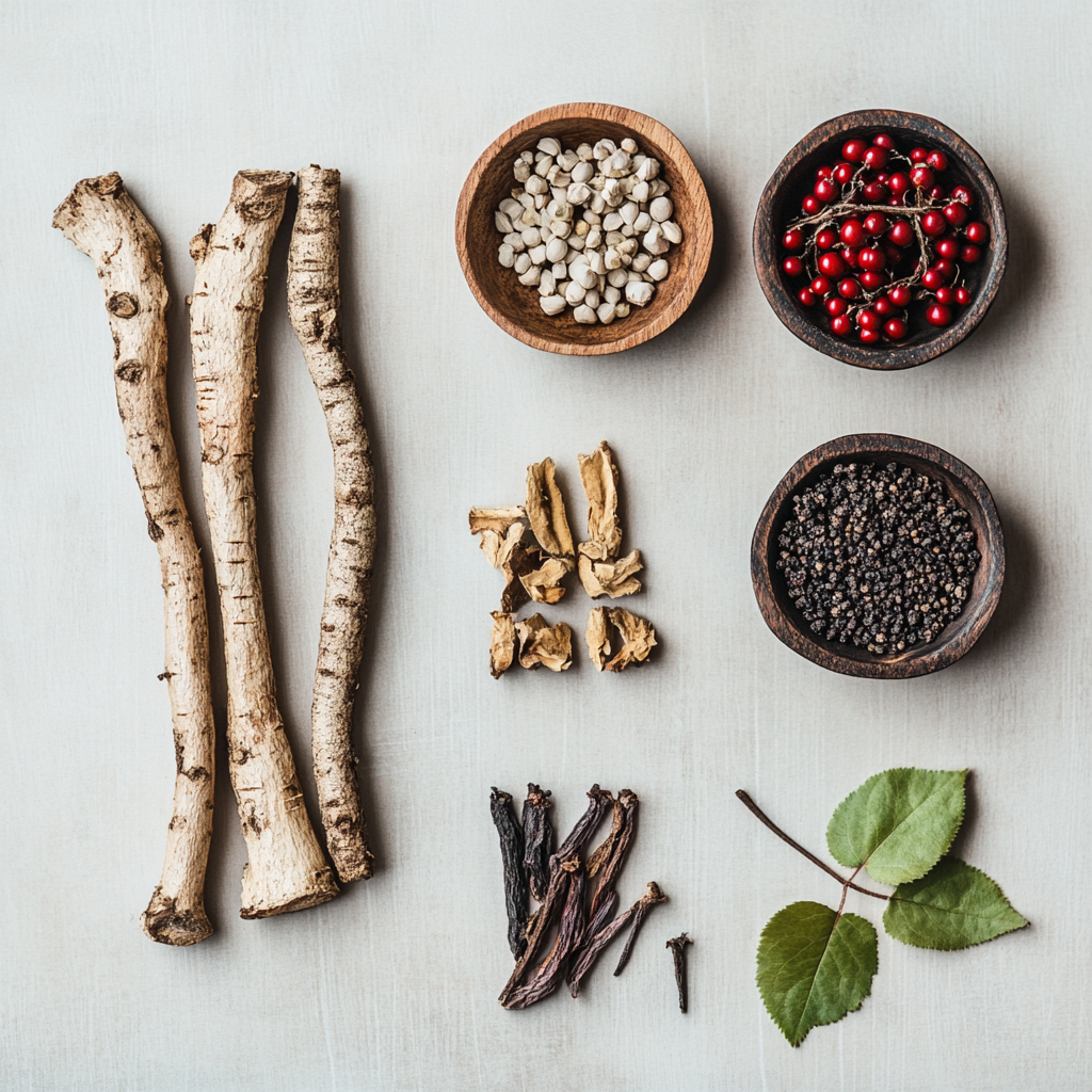 licorice root, burdock, schisandra berries, angelica root, and neem leaves for skincare ona light surface