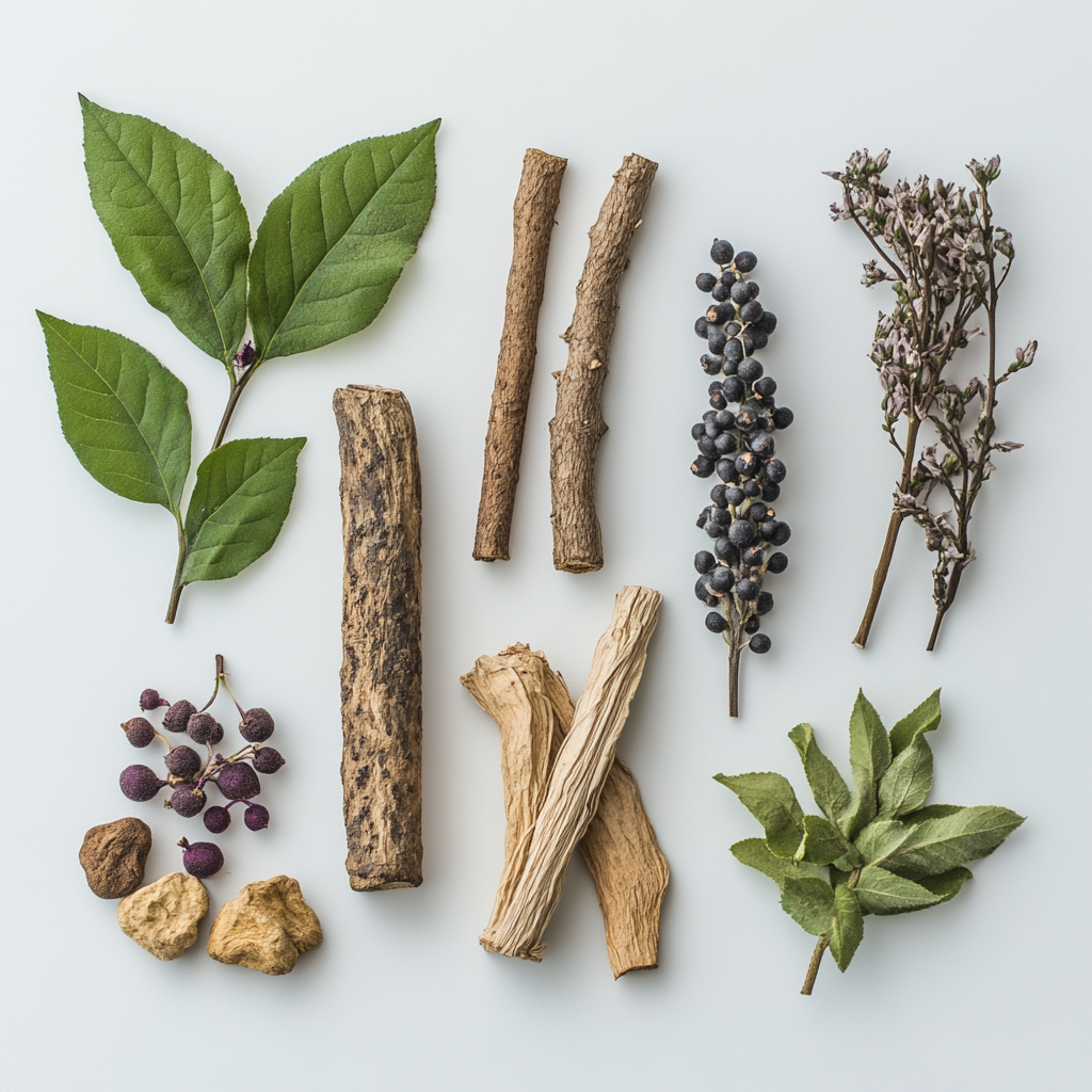 Collection of licorice root, angelica root, astragalus and polygonum for skincare on a light background