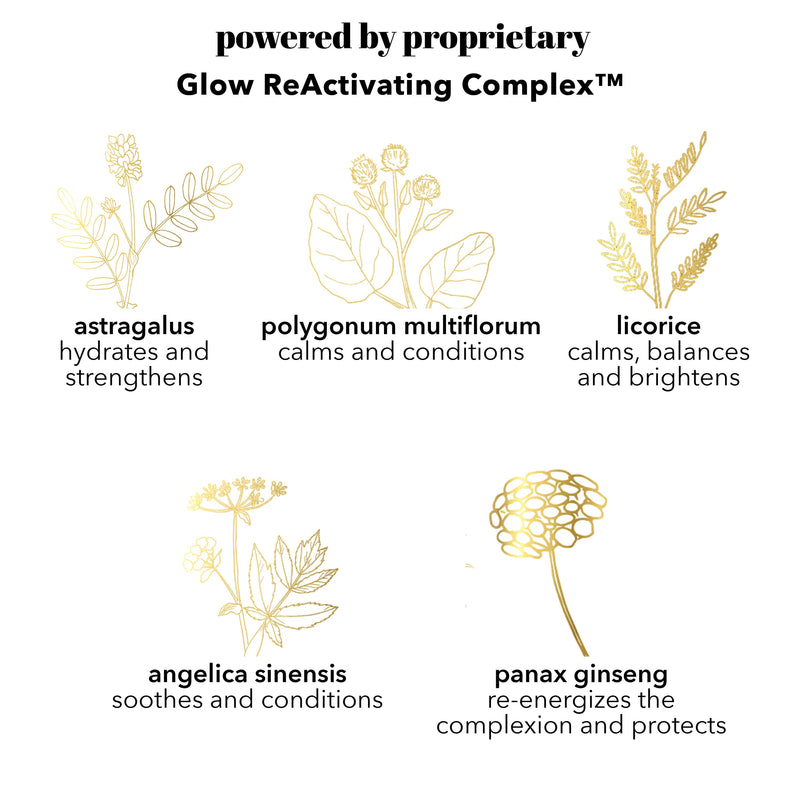 Six Gldn has a proprietary complex called Glow ReActivating Complex with Astragalus that hydrates and strengthens skin. Polygunum Multiflorum that calms and conditions skin. Licorice that calms, balances and brightens skin. Angelica Sinensis that soothes and conditions. Panax Ginseng that re energizes the complexion and protects skin.
