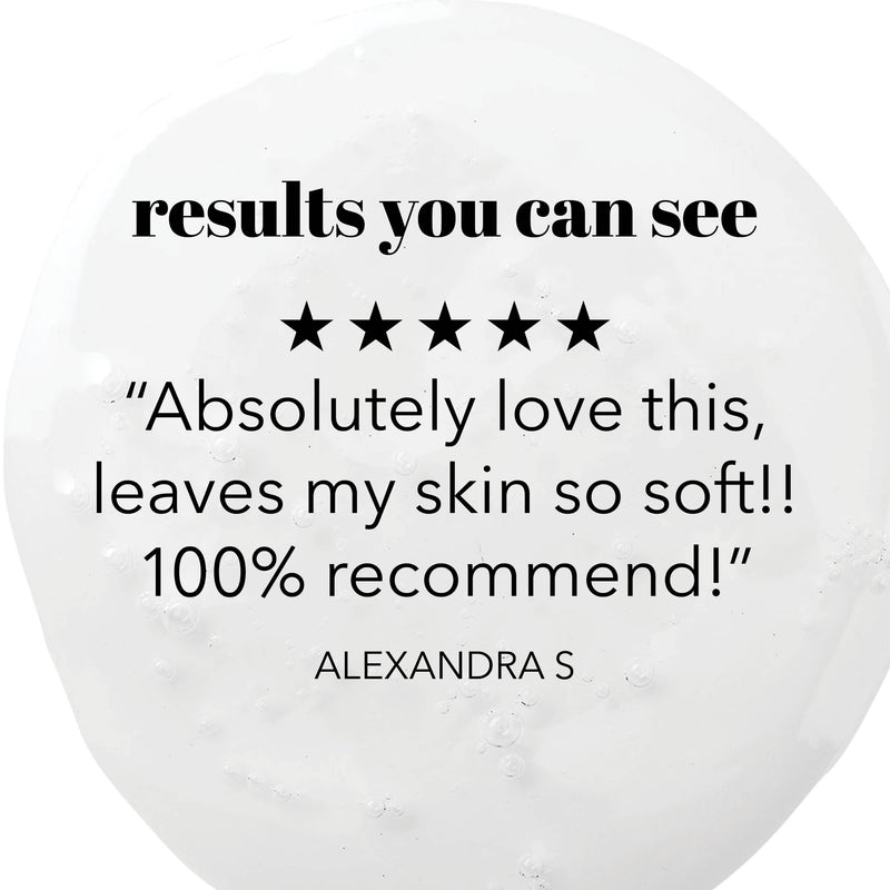 Close up image of the Botanical Cleansing Gel in a foamy bubbly product swatch against white RESULTS YOU CAN SEE. 5 star review. "Absolutely love this, leaves my skin so soft!! 100% recommend!"
