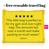 six gldn yellow mesh travel bag that is custom sized for the five products, Botanical Cleansing Gel, Botanical toner, Daily Vitamin C Radiance Serum, Essential Moisturizer and the Nourishing Face oil