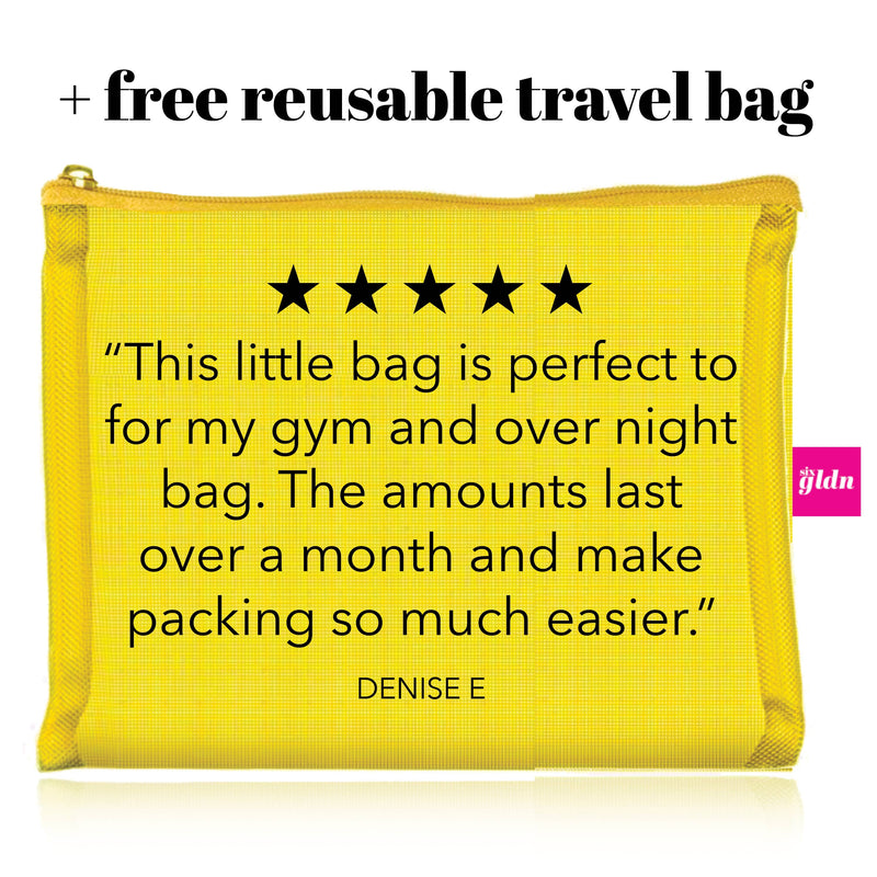 six gldn yellow mesh travel bag that is custom sized for the five products, Botanical Cleansing Gel, Botanical toner, Daily Vitamin C Radiance Serum, Essential Moisturizer and the Nourishing Face oil