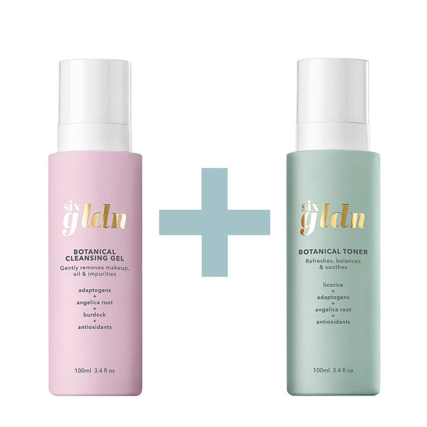 The light pink recyclable 100ml glass Botanical Cleansing Gel is next to the light greeny mint recyclable 100ml bottle of Botanical Toner. There is a light blue plus sign between them because they are sold together and all against a white background