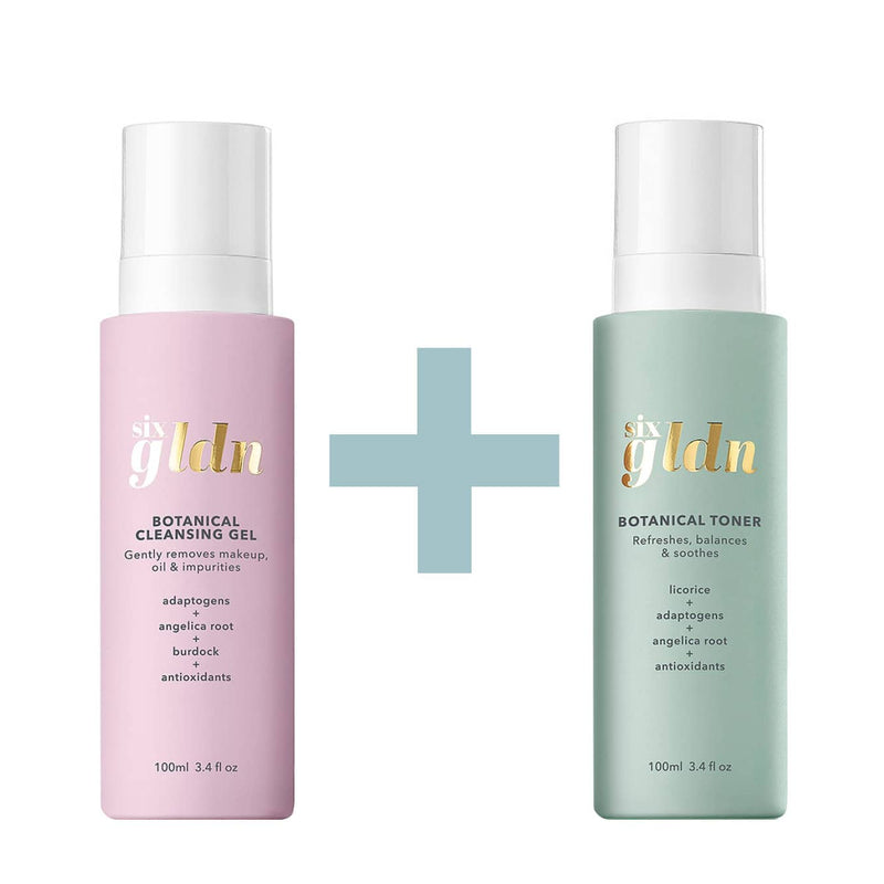 The light pink recyclable 100ml glass Botanical Cleansing Gel is next to the light greeny mint recyclable 100ml bottle of Botanical Toner. There is a light blue plus sign between them because they are sold together and all against a white background