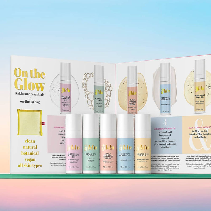 Inside flap of the On the Glow Box set. The box has the ingredient benefits on them and the products lined up