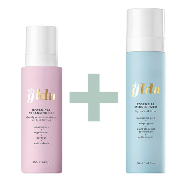 Light pink recyclable 100ml glass bottle of Botanical Cleansing Gel is next to the light blue recyclable and refillable glass 50 ml bottle of Essential Moisturizer. There is a light green big plus sign between them because they are sold together and all against a white background