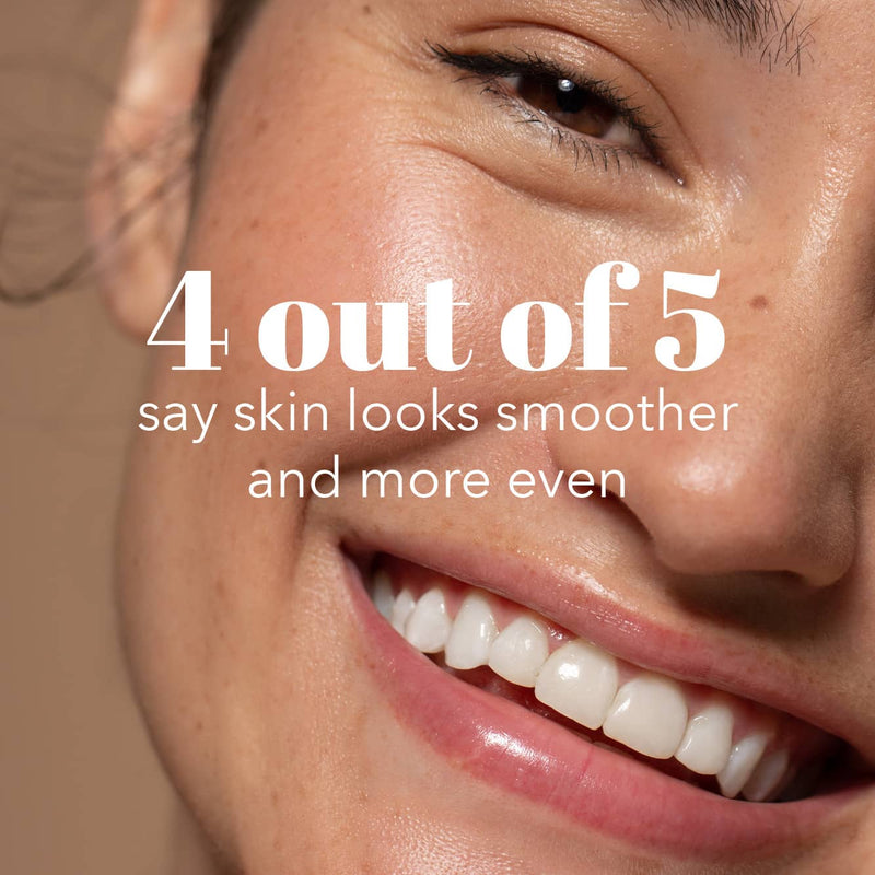 Close up Six Gldn model smiling with no makeup glowing radiant skin with the consumer claim that 4 out of 5 say skin looks smoother and more even