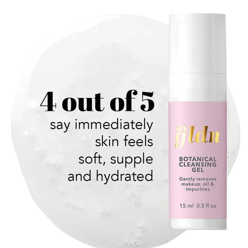 15 ml light pink Six Gldn Botanical Cleansing Gel with proven results. 4 out of 5 say immediately skin feels soft, supple and hydrated